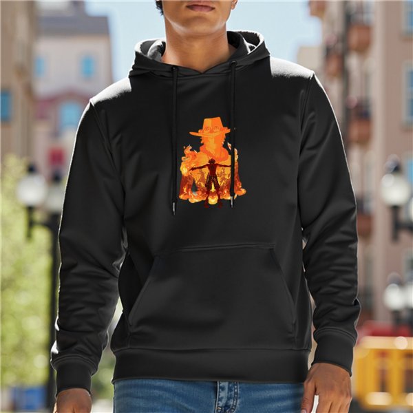Black hoodie with anime fire silhouette graphic design
