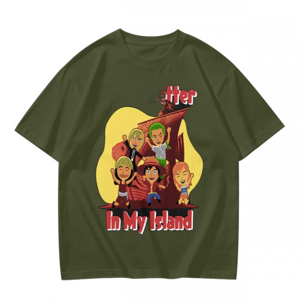 Olive T-Shirt With One Piece Anime Crew 'In My Island' Print