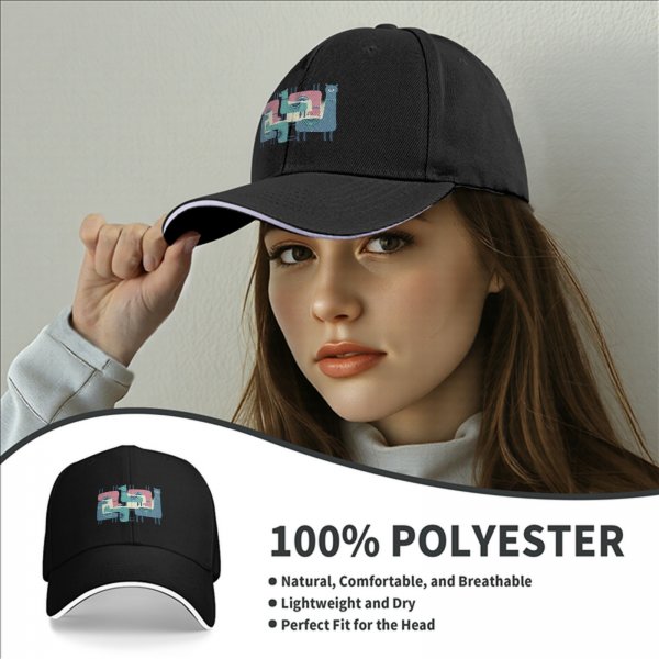 Black Baseball Cap With Interlocking Llama Graphic Print