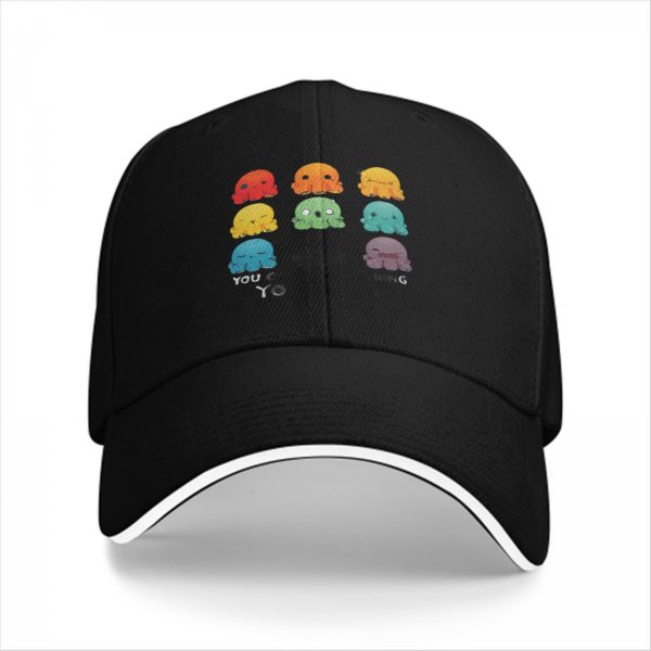 Black baseball cap with colorful emotional octopus graphic print