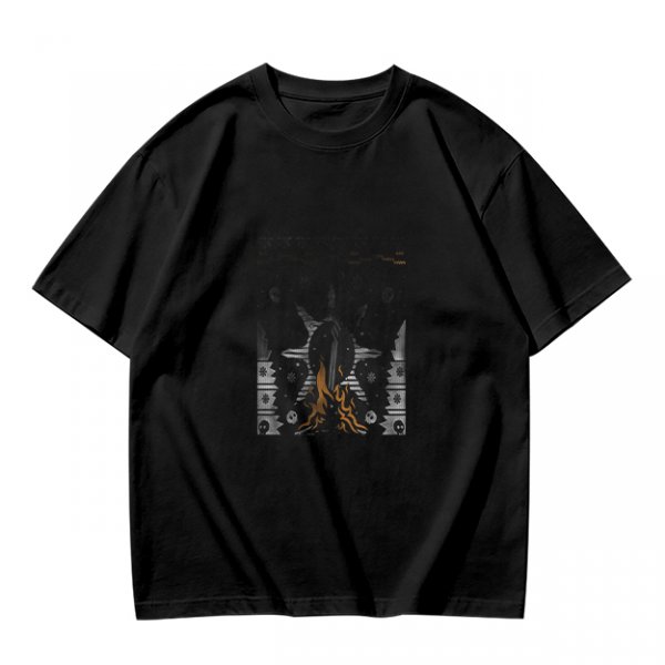 Olive green graphic t-shirt with symmetrical dark and orange artwork