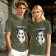 Olive graphic t-shirt with angry cartoon cat holding knife