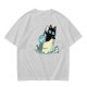Olive T-Shirt With Black Cat Emerging From Wave Check Mark Print