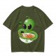 Olive Green T-Shirt With Cute Alien Eating Ramen Graphic
