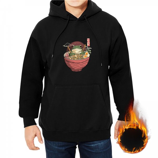 Black hoodie with a frog in a ramen bowl graphic