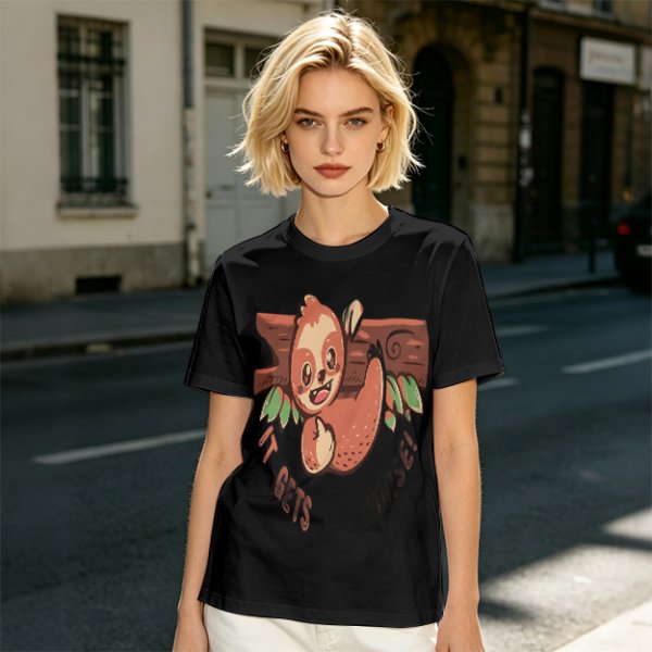 Olive T-Shirt with Cute Sloth 'It Gets Better' Graphic Print