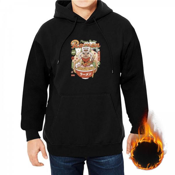 Black Hoodie With Ramen Cat Graphic Print