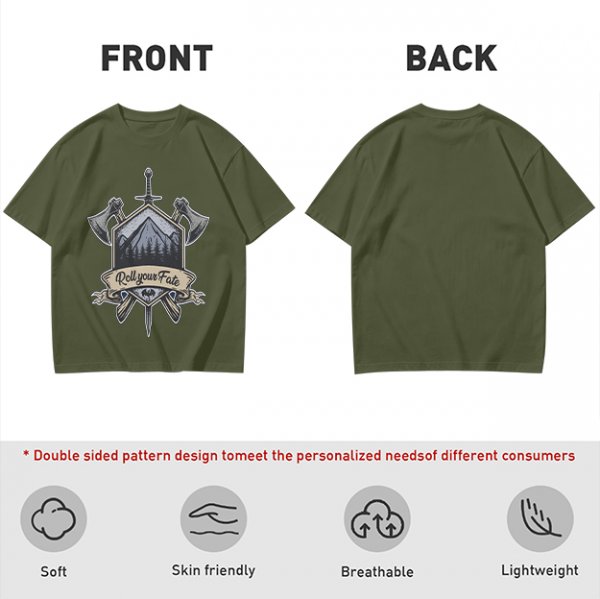 Olive T-Shirt With Viking Mountain Axe Sword 'Roll Your Fate' Print