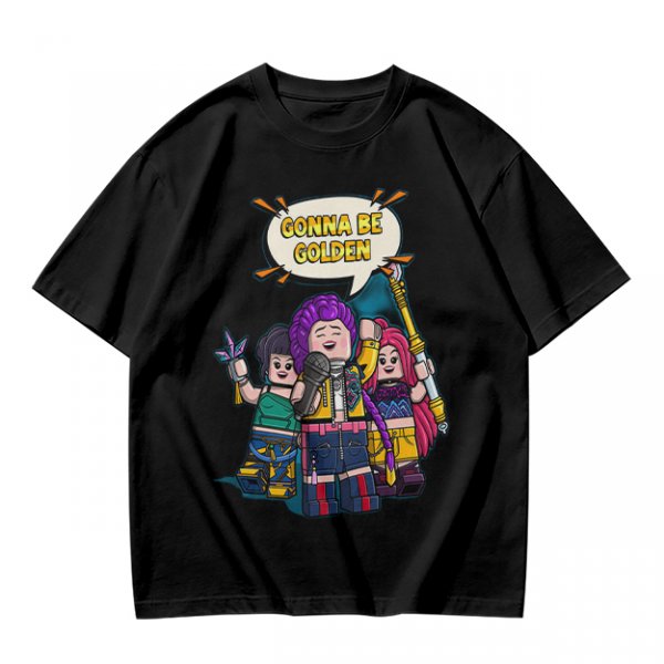 Olive T-shirt with Lego-style characters and 'Gonna Be Golden' print