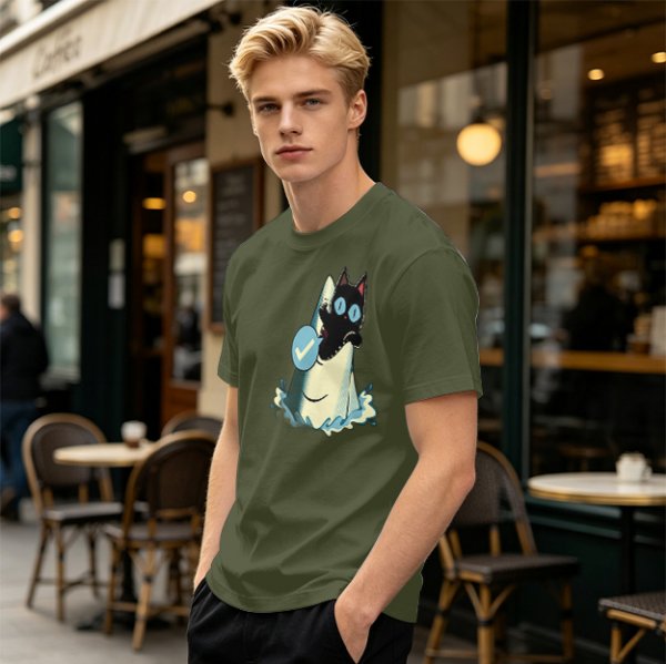Olive T-Shirt With Black Cat Emerging From Wave Check Mark Print