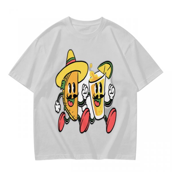 Olive T-Shirt with Cartoon Taco and Beer Graphic
