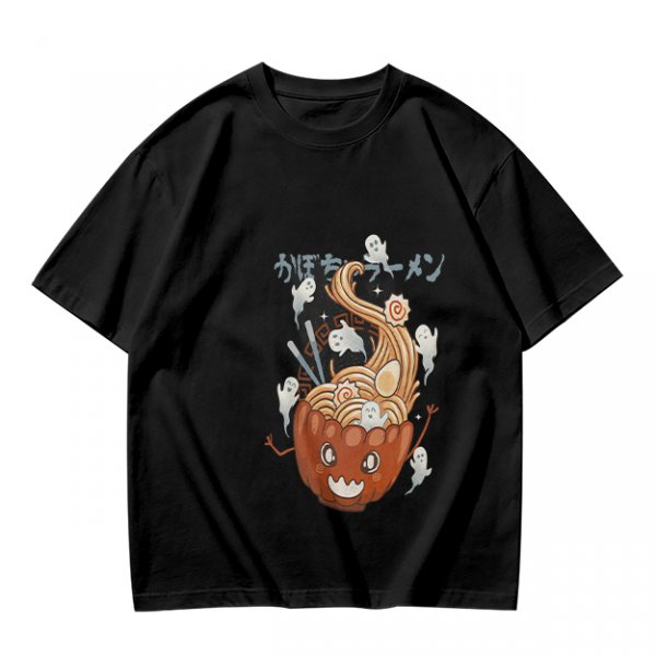 Olive green t-shirt with pumpkin ramen and ghost graphic print