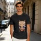 Olive green t-shirt with a cute cat eating ramen graphic