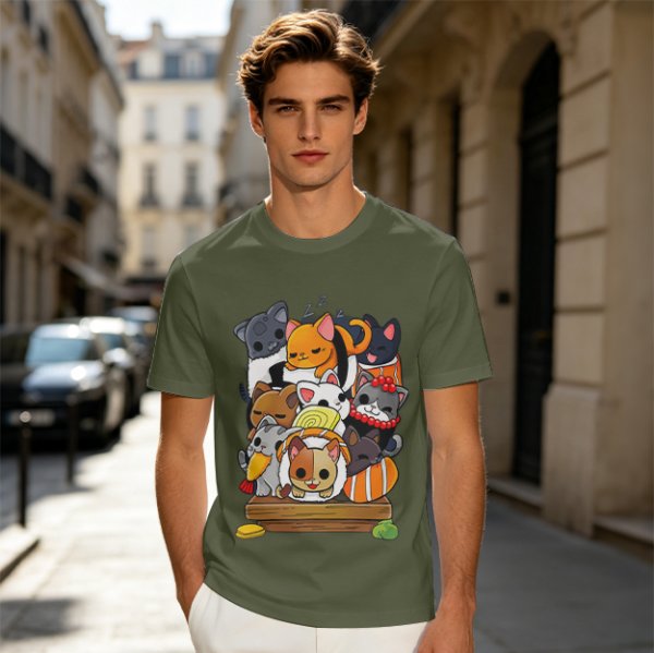 Olive T-Shirt With Cute Sushi Cat Stack Graphic Print