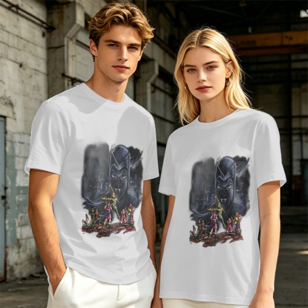 Olive T-Shirt With Dark Fantasy Villain And Hero Group Print