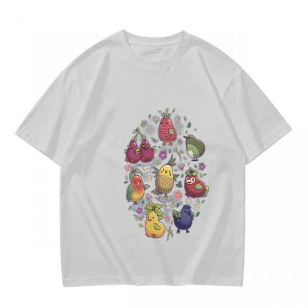 Olive Green T-Shirt With Whimsical Fruit Bird Graphic Print