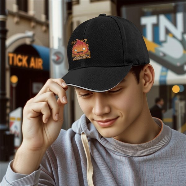Black Baseball Cap With Calcifer Fire Demon Graphic Design