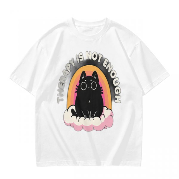 Olive graphic tee with black cat, rainbow, and 'Therapy Is Not Enough' text
