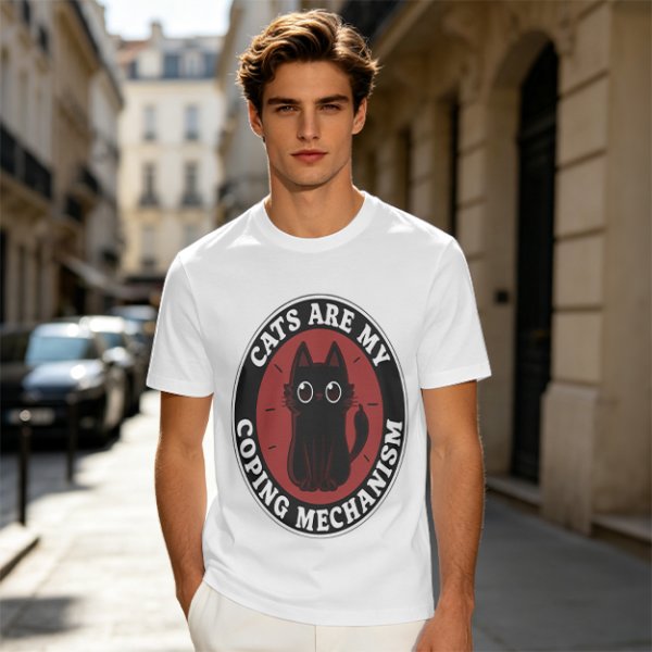 Olive t-shirt with 'Cats Are My Coping Mechanism' and black cat graphic