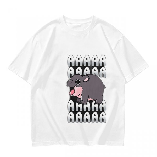 Olive t-shirt with screaming baby hippo and repeated A text