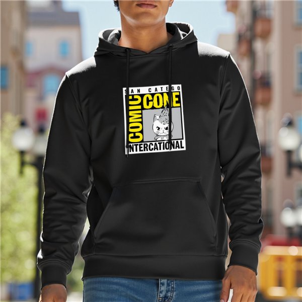 Black hoodie with Comic Cone Intercational cat graphic