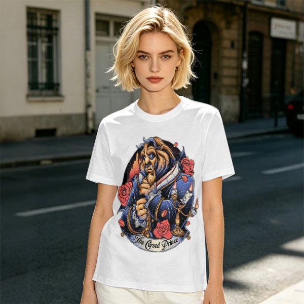 Olive T-shirt featuring The Cursed Prince Beast with roses and candelabra