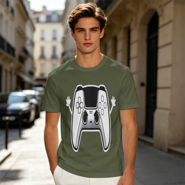 Olive T-Shirt With Cartoon Game Controller Graphic