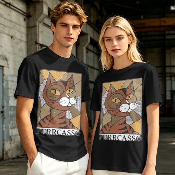 Olive green t-shirt with cubist style cat print and Purrcasso text