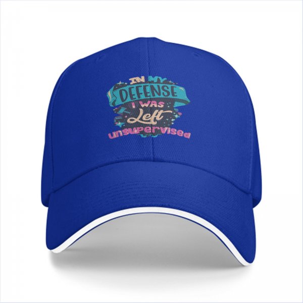 Black baseball cap with 'In My Defense I Was Left Unsupervised' print