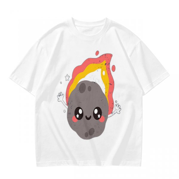 Olive green t-shirt with cute cartoon flaming asteroid graphic
