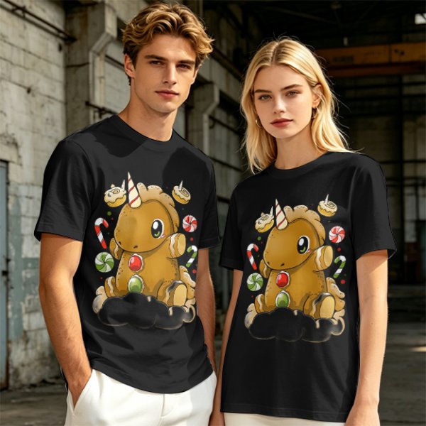 Olive T-Shirt With Cute Gingerbread Unicorn And Christmas Candy Print