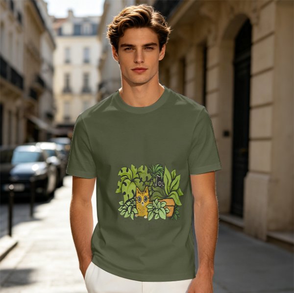 Olive T-Shirt With Playful Cat And House Plants Graphic