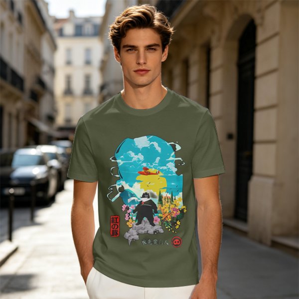 Olive T-shirt with anime pig pilot and seaplane graphic