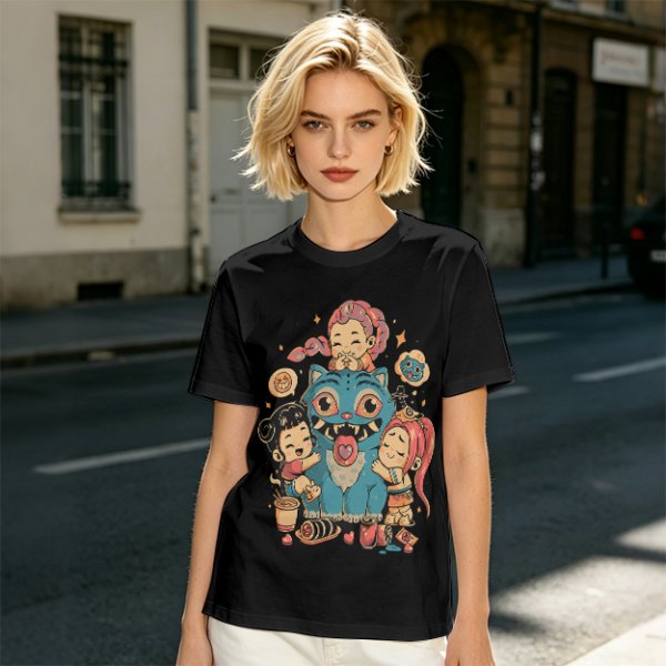 Olive T-Shirt With Cute Chibi Monster And Girls Graphic Print