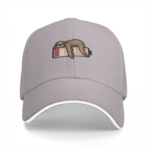 Black baseball cap with a sleepy sloth on low battery icon print