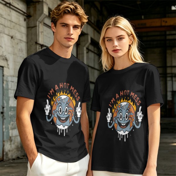 Olive t-shirt with 'I'm a Hot Mess' melting earth graphic