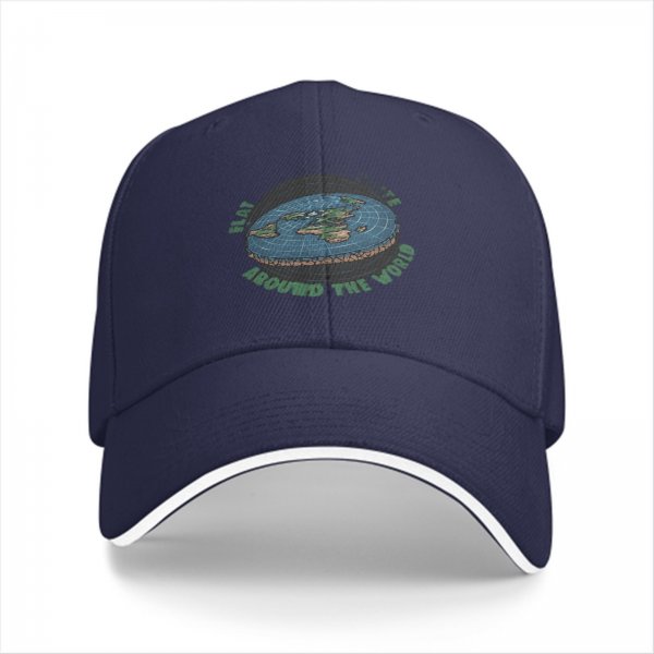 Black baseball cap with flat earth 'around the world' graphic print