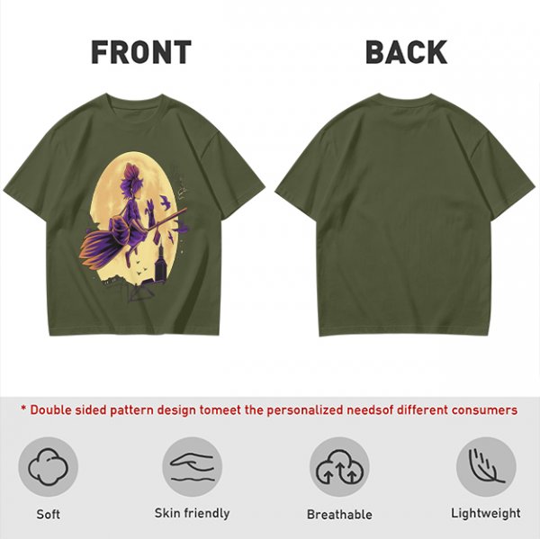 Olive t-shirt with witch flying on broom against full moon