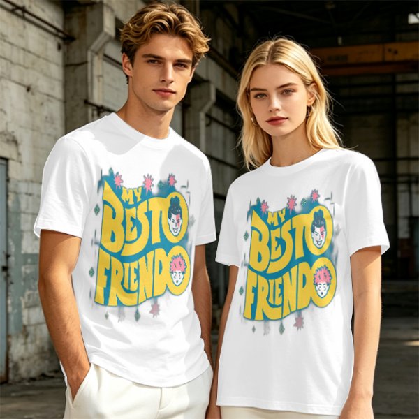 Olive graphic t-shirt with 'MY BESTO FRIENDO' anime character print