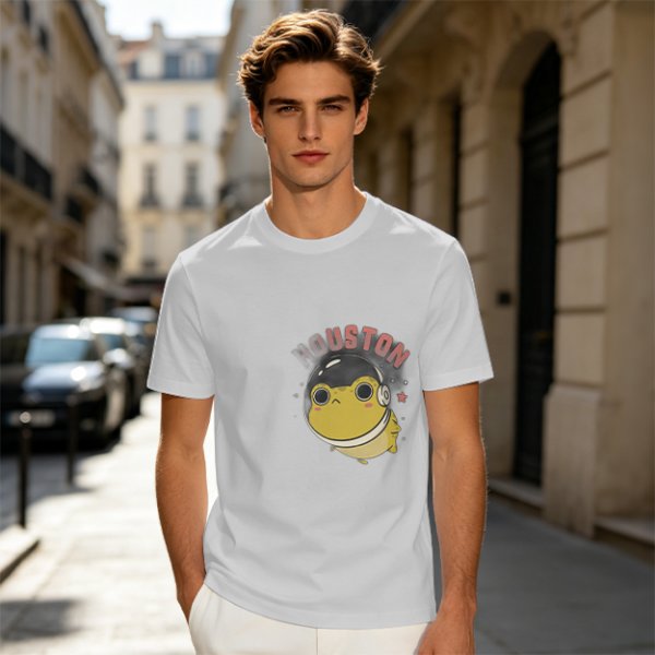 Olive green t-shirt with space frog graphic and Houston text