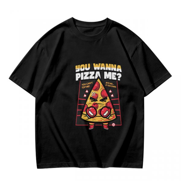 Olive t-shirt with angry boxing pizza slice graphic and 'You Wanna Pizza Me?' text
