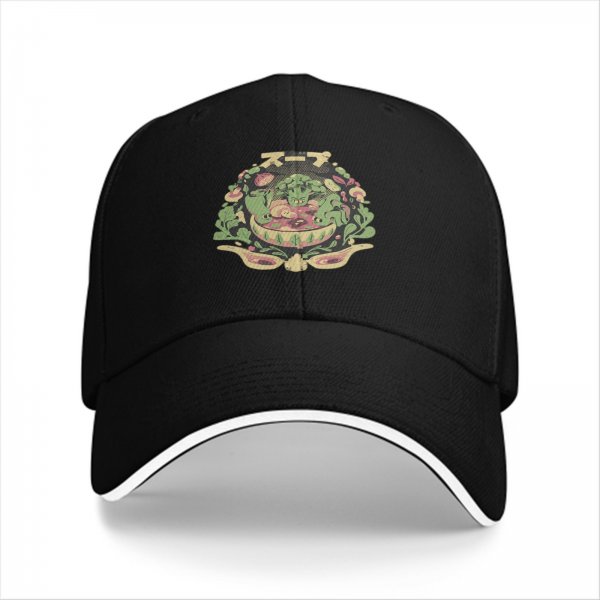 Black baseball cap with vegetable soup themed graphic print