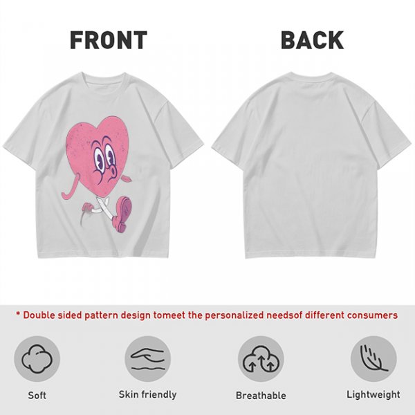 Oversized Olive T-Shirt with Retro Walking Pink Heart Cartoon Graphic