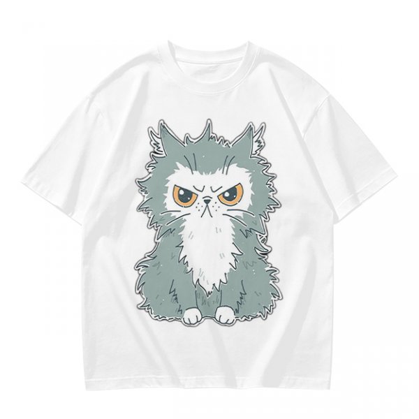 Olive T-shirt with Grumpy Fluffy Gray Cat Graphic Print