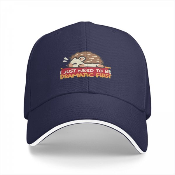 Black baseball cap with dramatic hedgehog graphic and funny text