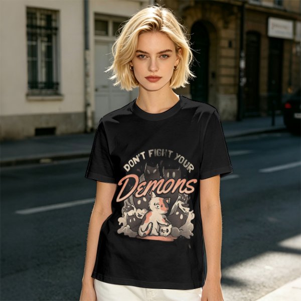 Olive graphic t-shirt with 'Don't Fight Your Demons' cat art