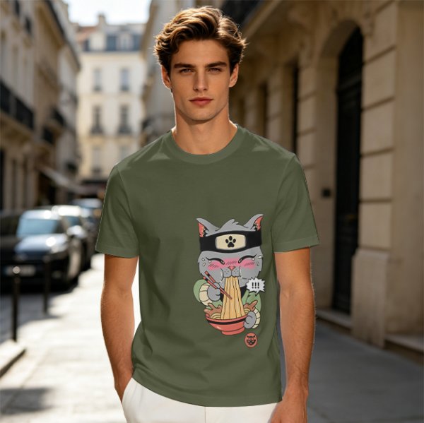 Olive green t-shirt with a ninja cat eating ramen graphic