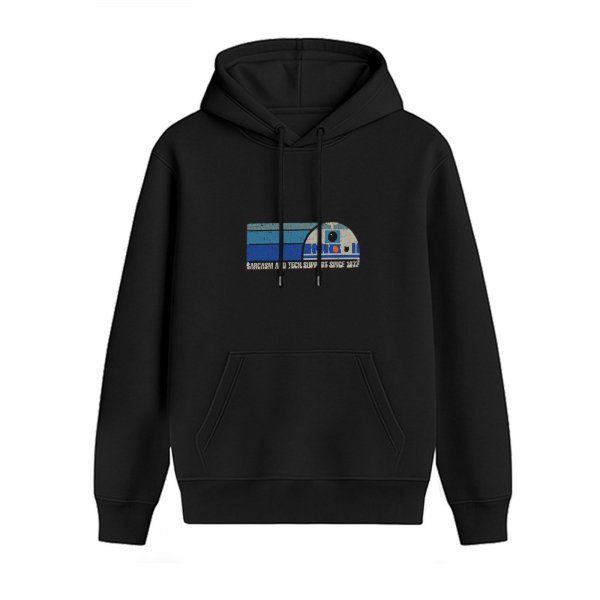 Black hoodie with retro R2-D2 space droid graphic