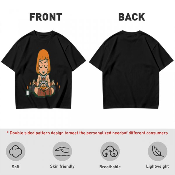 Olive T-shirt with cartoon muscular character meditating surrounded by candles