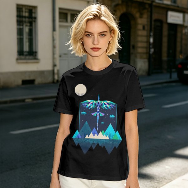 Olive T-Shirt With Geometric Dragonfly Mountain Night Scene Print